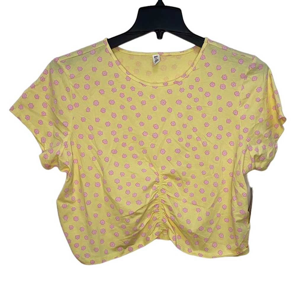 BP Ruched Organic Cotton Crop T-Shirt Yellow Floral Bud Various New With…